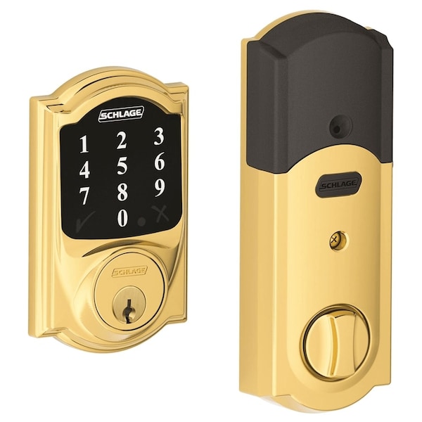 Schlage Residential Grade 2 Touchscreen Deadbolt Lock, Connect Series, Camelot Trim, Bright Brass Finish BE468ZP CAM 605 - main
